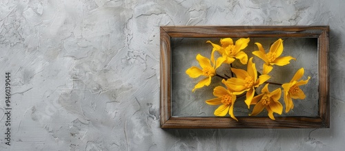 Wooden frame containing yellow trout lily or dogtooth violet flowers in glass on a gray concrete background Side view copyspace mockup template spring summer minimalism theme photo