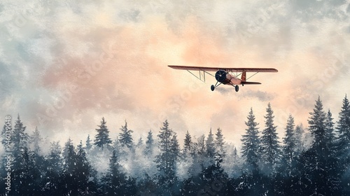 Vintage aircraft flying low over a pristine snowy forest, pine trees stark against the soft watercolor sky, highlighting the harmony between machine and nature