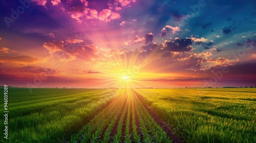 Neatly aligned rows of crops with a vibrant sunset in the background