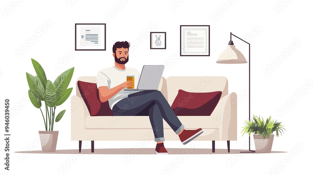 Remote work, laptop and man on sofa with drink, blog and company review at home. Male person, small business and technology in living room. copy space for text. Remote work, laptop and man on sofa with drink, blog and company review at home. Male person, small business and technology in living room. copy space for text.