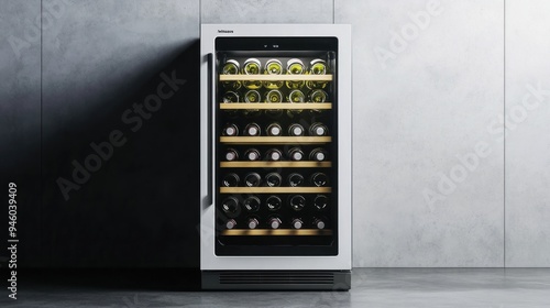 Obraz na płótnie Modern Wine Cooler with Glass Door and Wooden Shelves w salonie