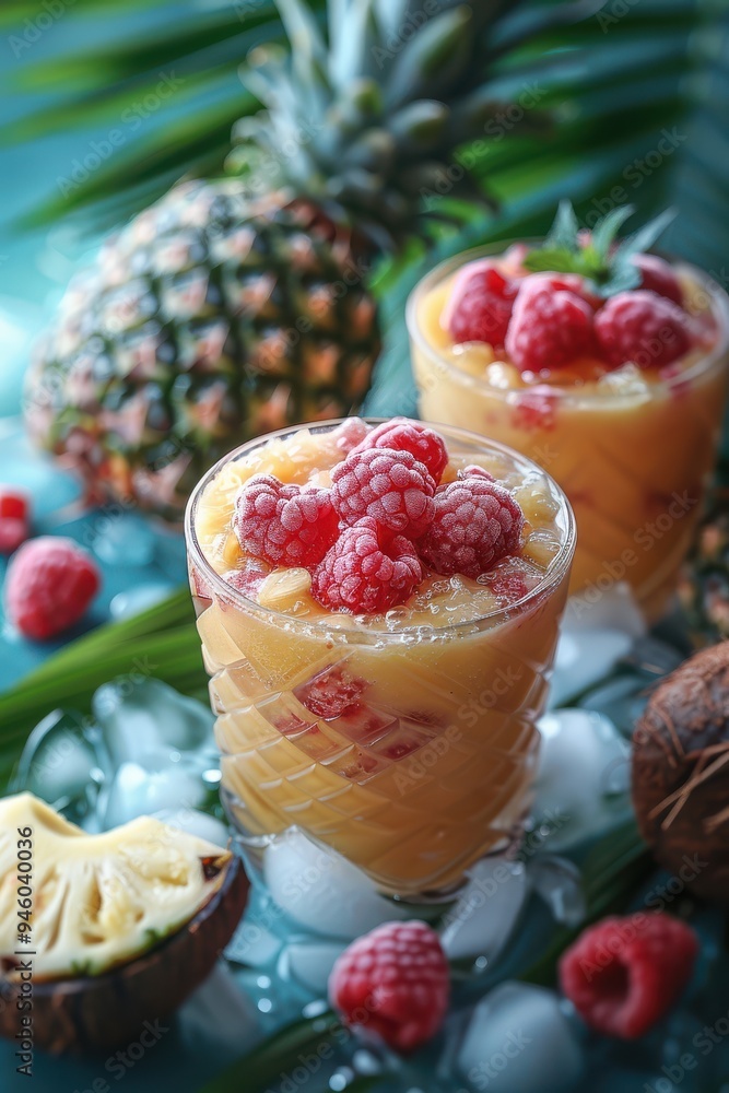 Two glasses of tropical smoothie topped with frozen raspberries, surrounded by ice, pineapple, and leaves on a blue surface Two glasses of tropical smoothie topped with frozen raspberries, surrounded by ice, pineapple, and leaves on a blue surface