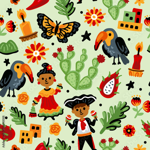 Bright cheerful children seamless vector pattern with symbols of Mexico. Mexican, cactus, toucan, national costumes, flowers. Latin America landmarks. Childish travel background