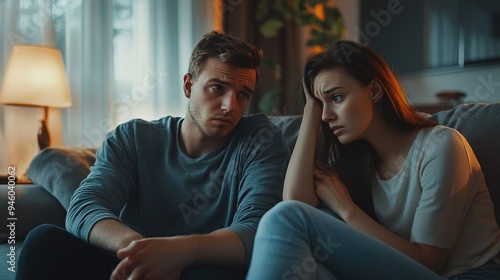 Sad man asking sorry to upset woman both sitting on the sofa at home. Discussion between man and woman about jealousy and relationship problems. copy space for text.