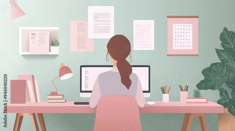 Woman Working at Pink Desk with Computer and Green Plant Woman Working at Pink Desk with Computer and Green Plant