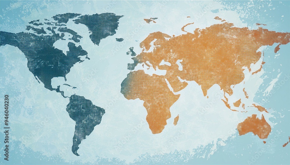 Fototapeta premium Vector Illustrated map of the world with a textured background and watercolor spots. Grunge background.