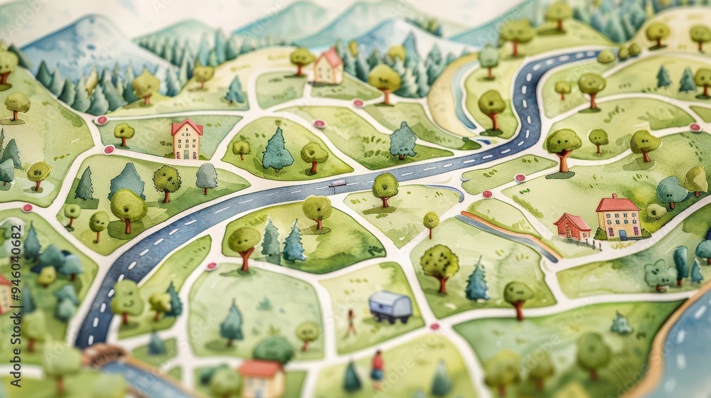Whimsical illustrated map with roads, houses, and trees in a picturesque countryside setting. Hand-drawn, colorful and detailed for storytelling. Whimsical illustrated map with roads, houses, and trees in a picturesque countryside setting. Hand-drawn, colorful and detailed for storytelling.