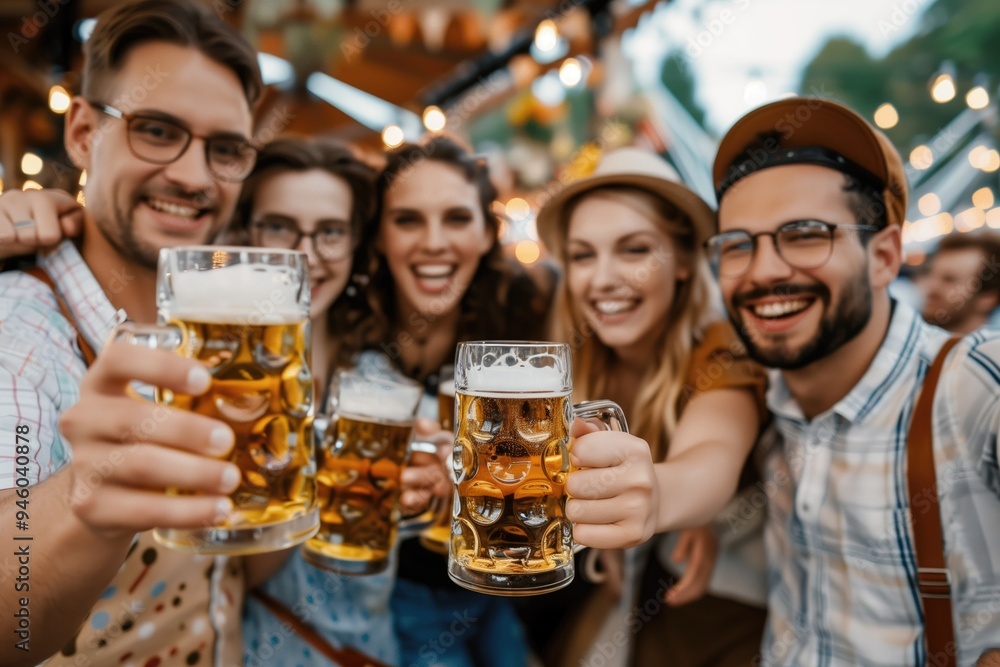 Group of Friends Raising Beer Mugs at Oktoberfest Celebration with Festive Lights in the Background. Group of Friends Raising Beer Mugs at Oktoberfest Celebration with Festive Lights in the Background.