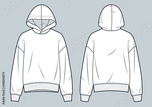 Hooded Sweatshirt technical fashion illustration. Sweatshirt fashion flat technical drawing template, oversize, front and back view, white, women, men, unisex Top CAD mockup.