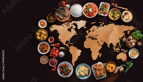 Table with a world map in the center and various foods around, concept of food from different countries