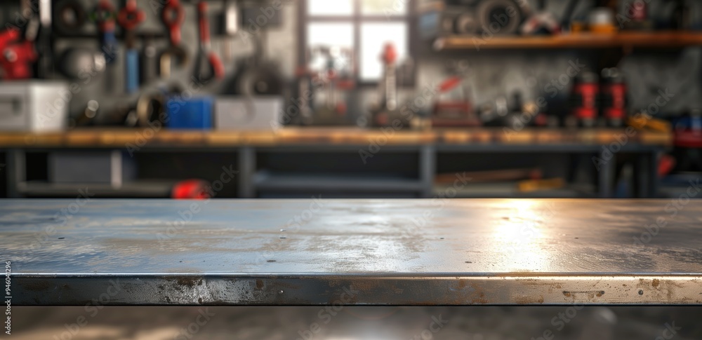 Metal Workbench in a Tool-Filled Garage Workshop with Sunlight Reflection and Blurred Background. Metal Workbench in a Tool-Filled Garage Workshop with Sunlight Reflection and Blurred Background.