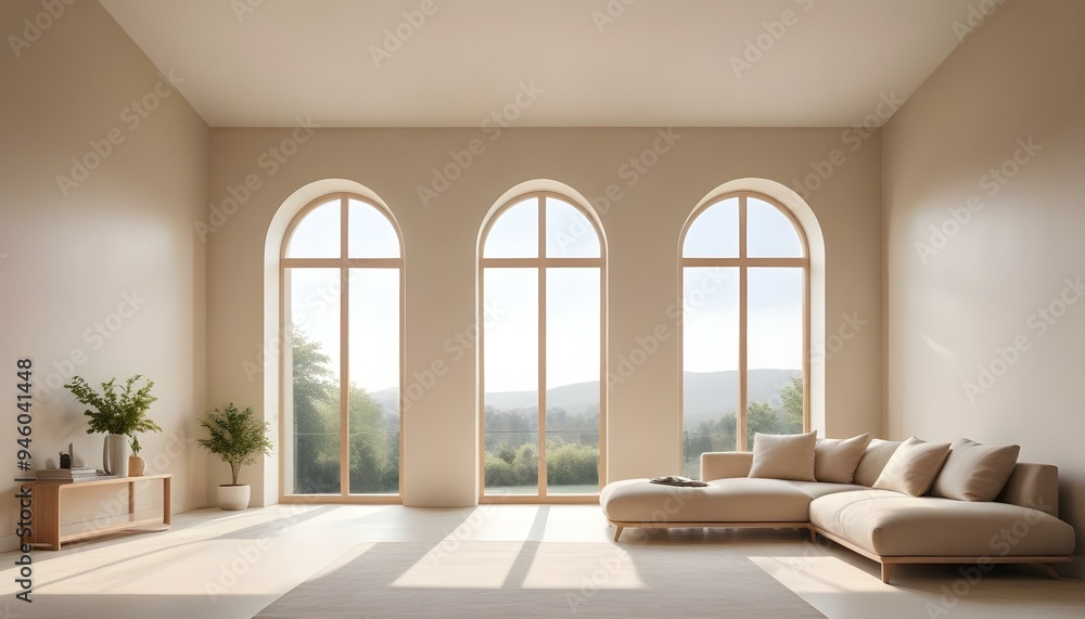 A bright and airy living room with large arched windows overlooking a scenic outdoor landscape.