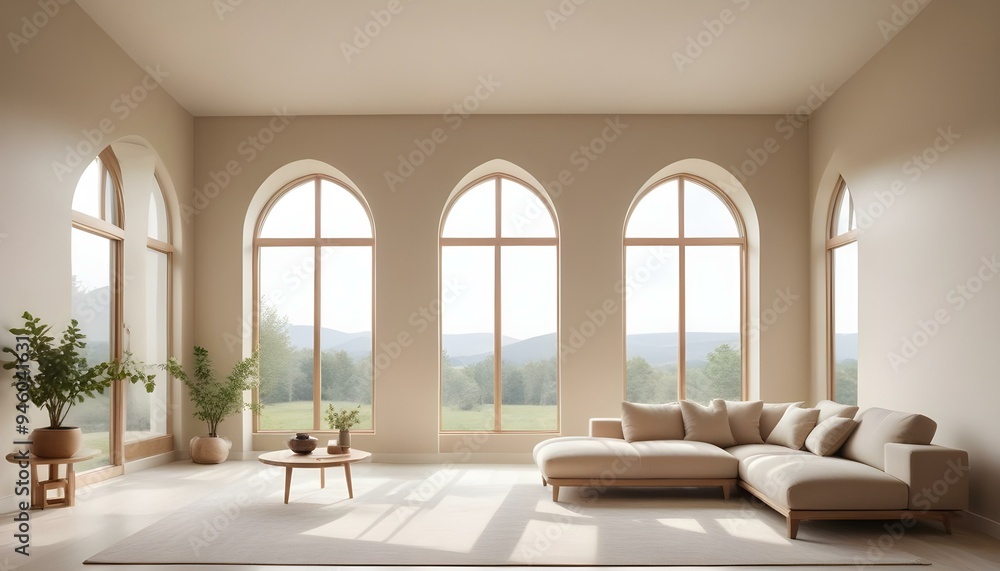 A bright and airy living room with large arched windows overlooking a scenic outdoor landscape. A bright and airy living room with large arched windows overlooking a scenic outdoor landscape.