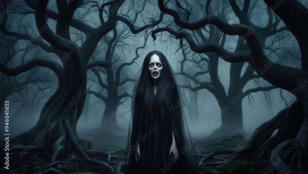 female ghost with long hair and a scary face female ghost with long hair and a scary face