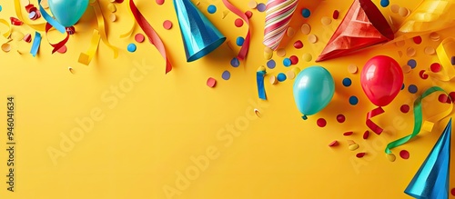 Party accessory against a yellow background top view. Copy space image. Place for adding text and design photo