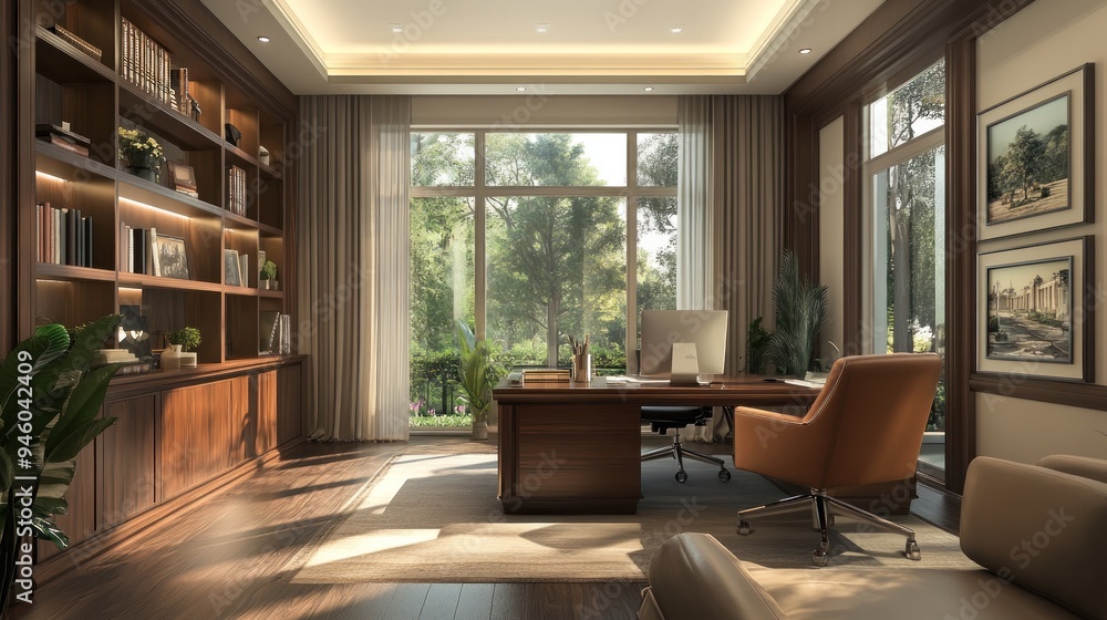 Spacious Home Office with Large Windows and Wooden Desk Spacious Home Office with Large Windows and Wooden Desk