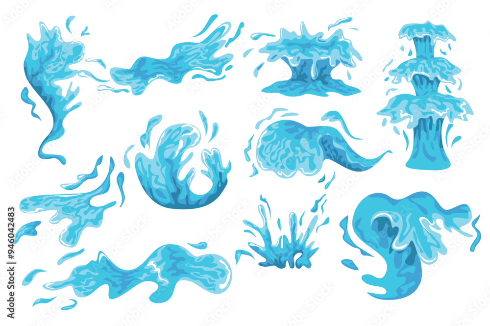Set of water splashes in flat cartoon design. A collection of stylized blue water forms illustrating various movements and splash patterns, perfect for visual storytelling. Vector illustration. Set of water splashes in flat cartoon design. A collection of stylized blue water forms illustrating various movements and splash patterns, perfect for visual storytelling. Vector illustration.