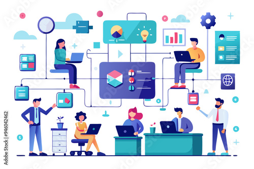 Office workflow diagram, working process, organization chart or corporate flowchart, task management, innovation working with AI artificial intelligence concept, business people on office workflow
