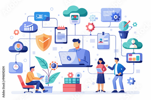 Office workflow diagram, working process, organization chart or corporate flowchart, task management, innovation working with AI artificial intelligence concept, business people on office workflow
