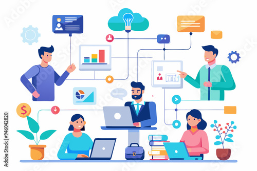 Office workflow diagram, working process, organization chart or corporate flowchart, task management, innovation working with AI artificial intelligence concept, business people on office workflow
