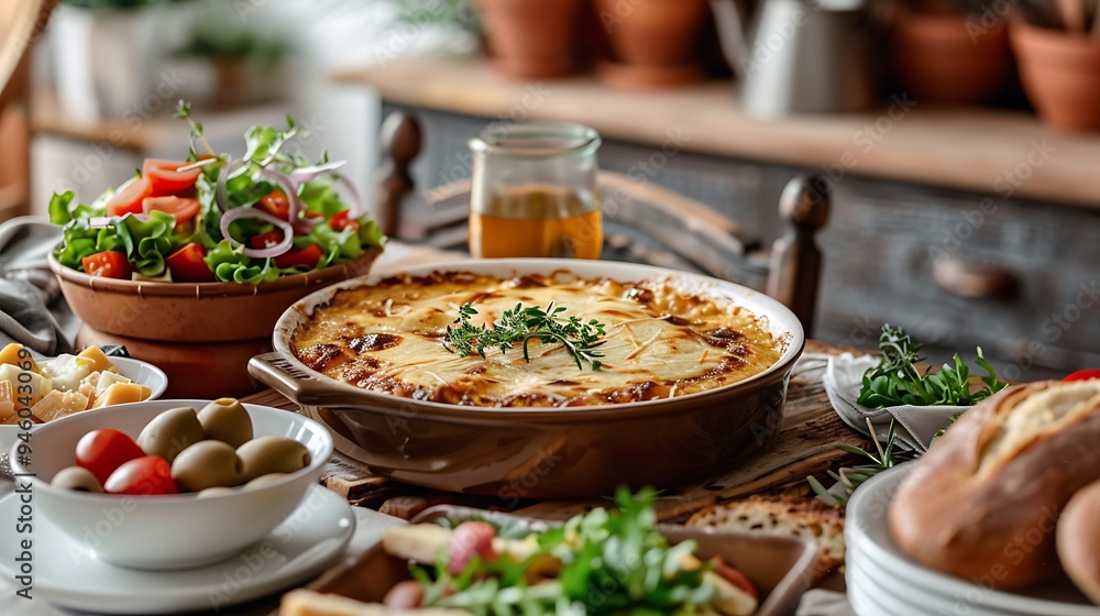 Rustic Dinner Table with Creamy Baked Dish, Salad, Bread, and Olives Rustic Dinner Table with Creamy Baked Dish, Salad, Bread, and Olives