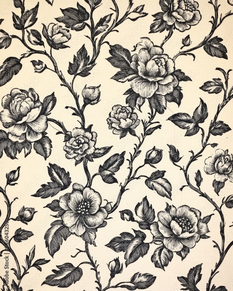 Fototapeta premium 19th century engraved floral textile pattern featuring intricate roses and vines