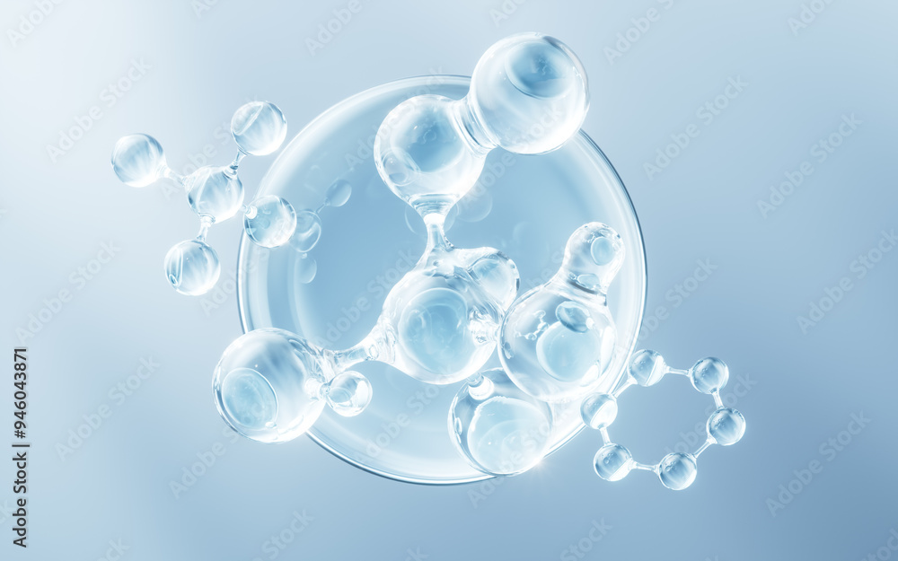 Molecule and water bubble, 3d rendering. Molecule and water bubble, 3d rendering.
