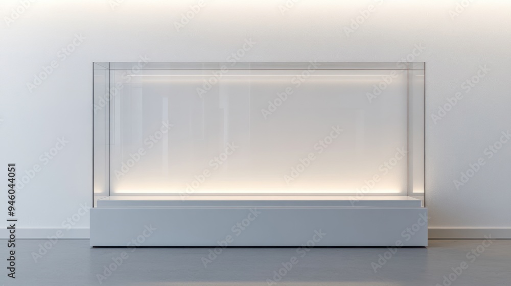 Close up of Empty lighted glass display case with mock up space on white wall background. Ai generated image Close up of Empty lighted glass display case with mock up space on white wall background. Ai generated image