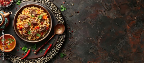National Uzbek pilaf with meat displayed on a table in the Uzbek style featuring an oriental design with a teapot and a cup for tea Top view copy space flat lay High quality photo