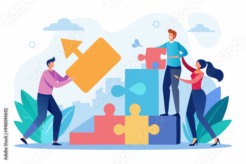 Merger and Acquisitions, partnership or work together, success puzzle, growth solution or cooperation, support or progress challenge concept, business people push arrow jigsaw to join to success.
