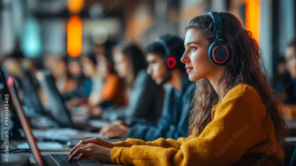 Young woman wearing headphones working on laptop in office Young woman wearing headphones working on laptop in office