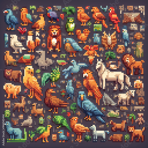 Photography A colorful collage of pixel-art animals featuring various birds, mammals, and insects