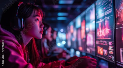 Young Woman Gamer Playing Video Game with Headset and Monitors