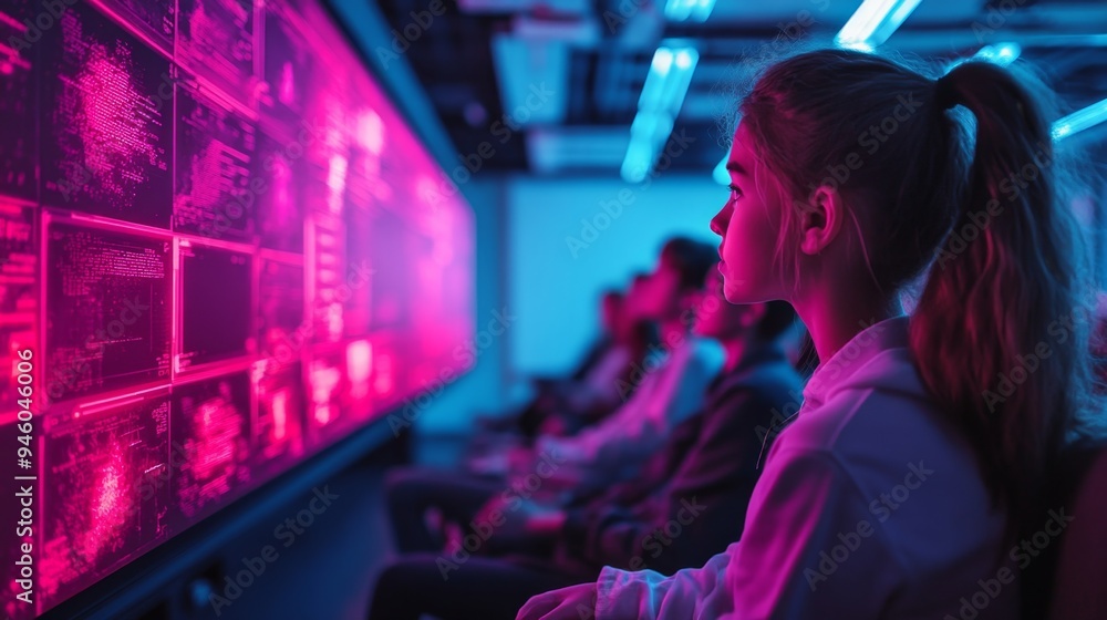 Young Woman Watching Digital Screen In Neon Lighting Young Woman Watching Digital Screen In Neon Lighting