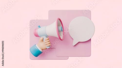 3D Render Hand Holding Megaphone with Speech Bubble/Text Balloon on Pink Background, Minimalist Marketing Visuals, Marketing Concept Announcement Background Copy Space Illustration.