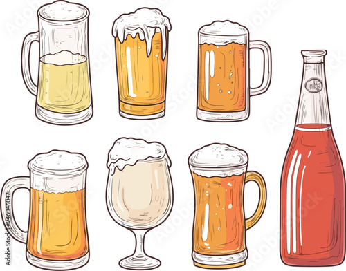 vector illustration of different types of beer glasses and a bottle. Suitable for use in brewery promotions, drink menus, and pub-related content.