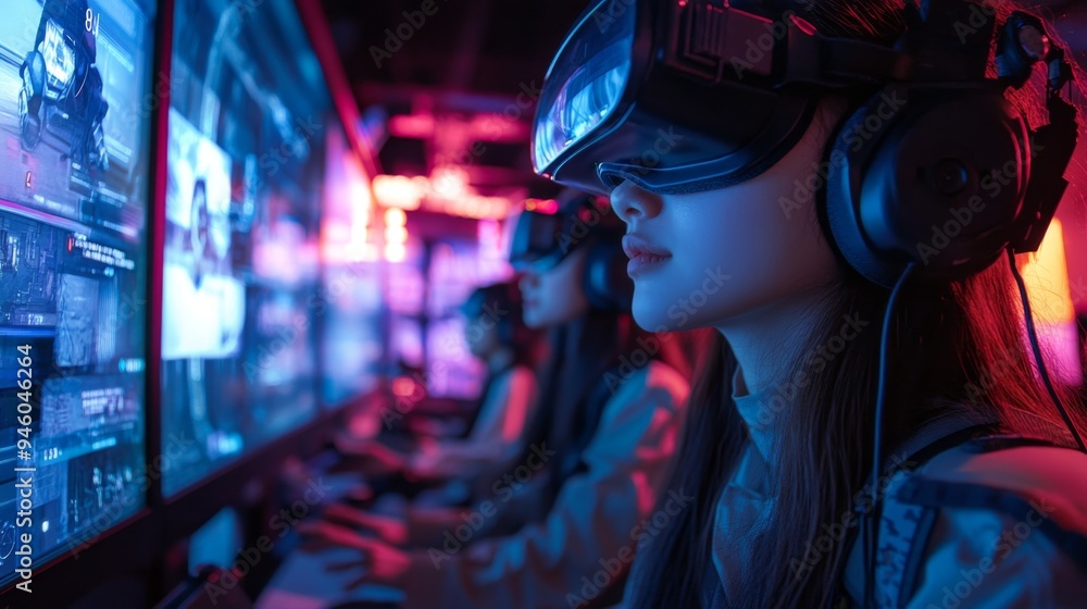 Woman Wearing VR Headset and Headphones Playing Video Games Woman Wearing VR Headset and Headphones Playing Video Games