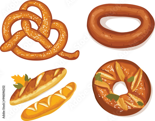 vector illustration of various bread products including pretzels, loaves, and bagels. Ideal for use in bakery promotions, food blogs, and menu designs.