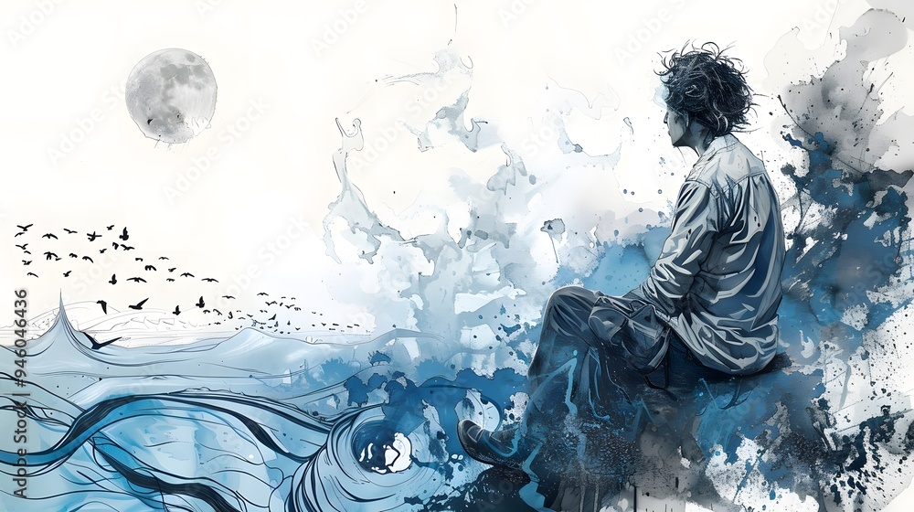 Watercolor Illustration of a Man Sitting on a Cliff with Birds Flying Above Watercolor Illustration of a Man Sitting on a Cliff with Birds Flying Above