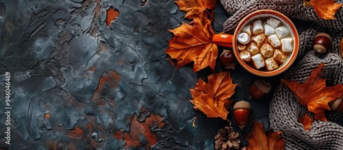 Autumn arrangement flat lay An orange cup with a hot beverage and marshmallows is surrounded by dry maple and oak leaves acorns chestnuts and a knitted scarf on a dark stone backdrop top view copy sp