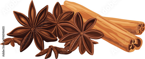 vector illustration of cinnamon sticks and star anise bundled together, representing spices and flavor. Ideal for use in culinary content, recipes, and seasonal designs.