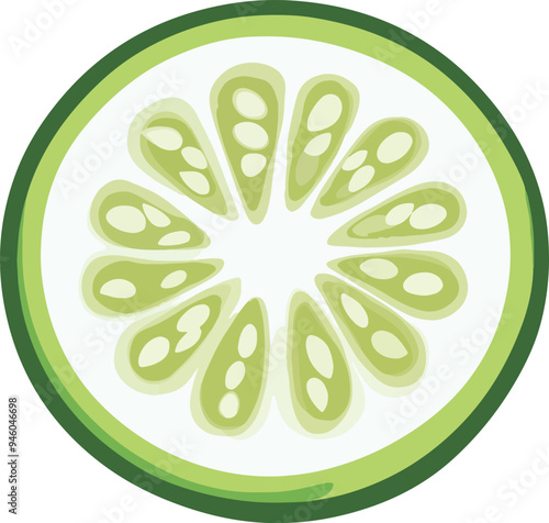 vector illustration of a round cucumber slice, showing detailed seeds and flesh. Suitable for use in food-related content, healthy eating guides, and nutrition blogs.