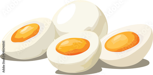 vector illustration of four boiled eggs with bright yolks. Ideal for use in food blogs, nutrition guides, and breakfast menus.