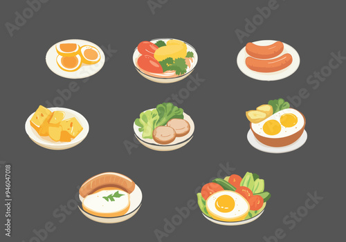 vector illustration of assorted breakfast foods, including eggs, sausage, vegetables, and more. Ideal for use in restaurant menus, food blogs, and breakfast-themed content.