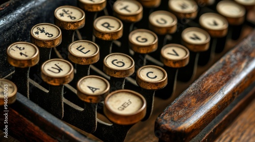 Vintage Typewriter Keys Close Up Retro Technology Antique Keyboard Worn Keys Golden Keys Old Typewriter