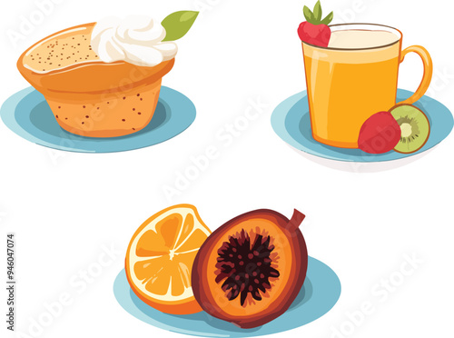 vector illustration of a dessert and various fruit drinks, including a cupcake, a glass of juice, and sliced fruits. Suitable for use in cafe menus, food blogs, and dessert shop promotions.