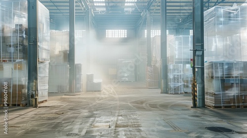 Industrial warehouse with goods stored in transparent containers