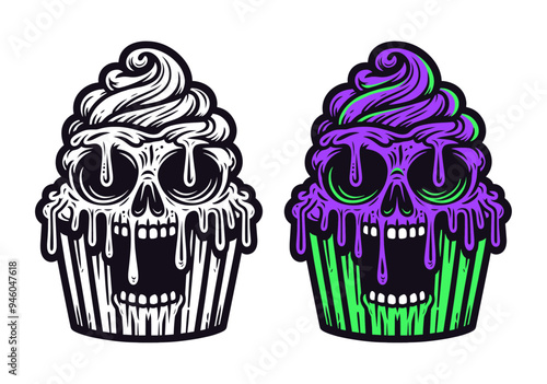 creepy cupcake with a melting skull face, line and colored in purple and green Halloween illustration