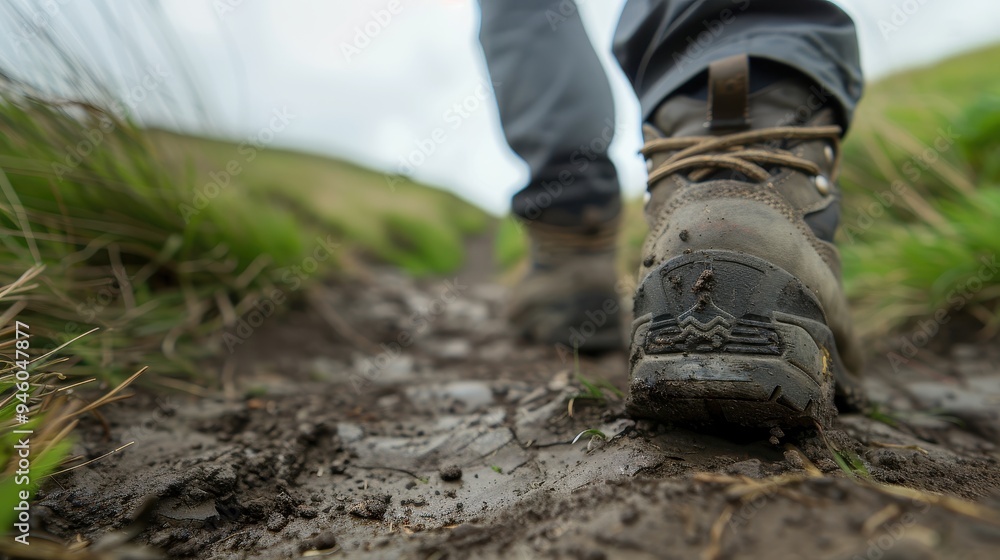 Hiking Adventure, close-up of worn boots on a rugged trail, showcasing intricate textures of dirt and grass, highlighting the gritty essence of the hiking experience. Hiking Adventure, close-up of worn boots on a rugged trail, showcasing intricate textures of dirt and grass, highlighting the gritty essence of the hiking experience.