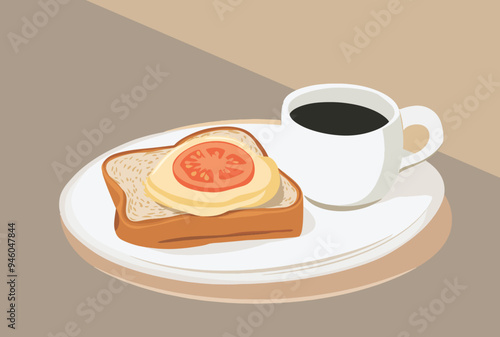vector illustration of a breakfast plate with toast, egg, tomato, and a cup of coffee. Suitable for breakfast menus, cafe promotions, and food blogs.